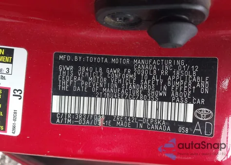 2012 Toyota Corolla S from USA, damaged, VIN 2T1BU4EE7CC780355